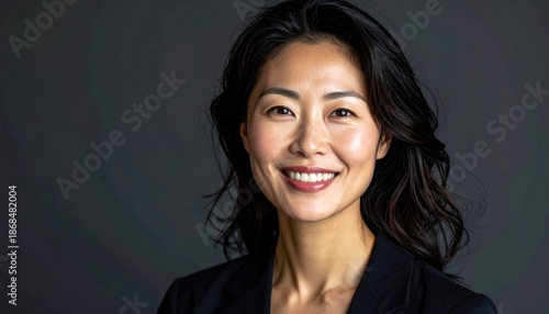 A portrait of a smiling young brunette woman with beautiful hair and makeup posing in a studio captures the happy lifestyle of a fashion model