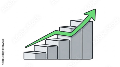 A green arrow ascends sharply upwards over a series of increasing grey bars in a stylized graph illustration symbolizing growth and progress in business or finance