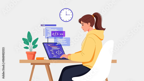 Young woman programmer working on laptop at desk with plant and clock in background, representing remote work and technology