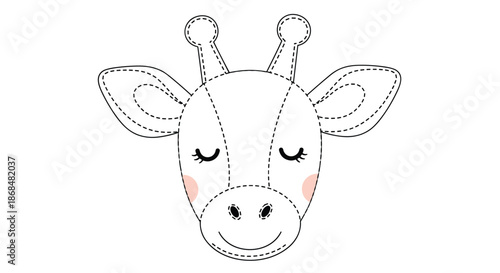 Cute and sweet baby giraffe head illustration designed with a dashed line stitch effect, perfect for nursery decor, baby shower invitations, or crafts.