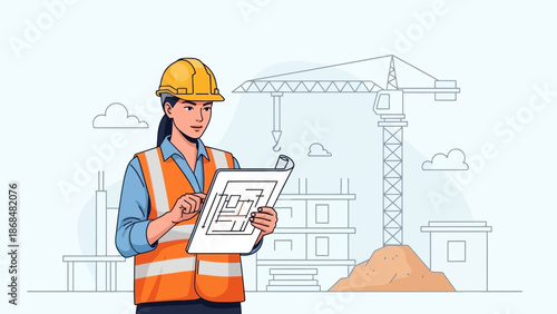 Professional Female Construction Engineer Examining Architectural Plans on an Active Building Site