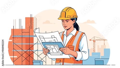 Construction professional reviewing blueprints on a building site with cranes and scaffolding