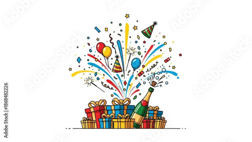 Colorful celebration scene with champagne bottle and gifts on white background with party and birthday and balloons and confetti and fireworks