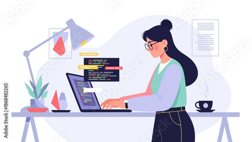 Focused Female Programmer Coding on Laptop at Modern Desk, Developing Software and Web Applications with Dedication