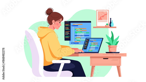 Woman Coding on Laptop at Desk with Plant and Monitors