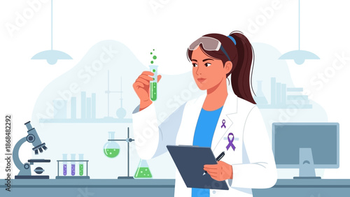 Young woman scientist conducting research in a laboratory with a microscope and beakers