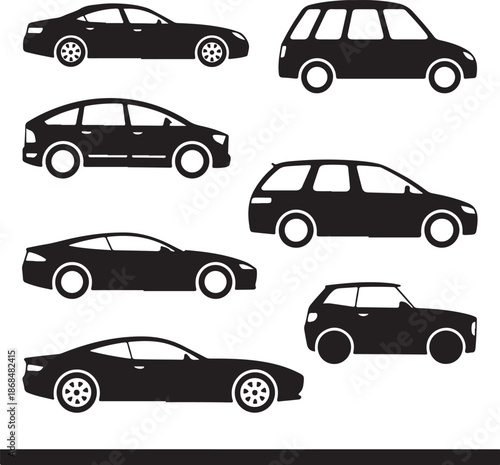 black silhouettes of different cars on white background