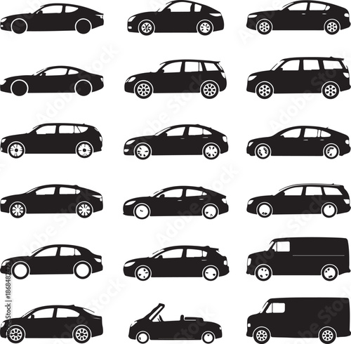 black silhouettes of various cars on white background