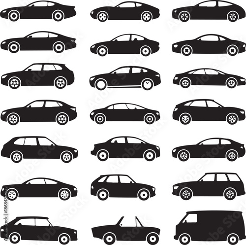 black silhouettes of various cars on white background