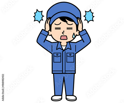 頭をかかえるシンプルな作業員の男性