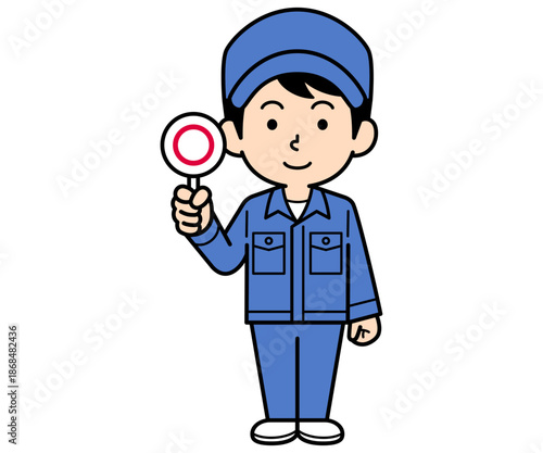 マル札を持つシンプルな作業員の男性