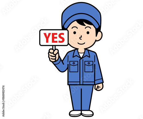 YESの札を持つシンプルな作業員の男性
