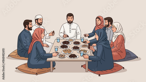 Diverse Muslim Family and Friends Share a Joyful Communal Meal Together, Celebrating Unity and Tradition at Home