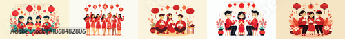 vector of friends drinking tea together on Chinese New Year