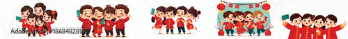 vector of children taking selfies together during Chinese New Year celebrations