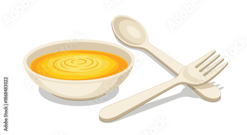 Isometric illustration of a bowl of yellow soup with a disposable fork and spoon, representing biodegradable tableware or a simple meal concept.