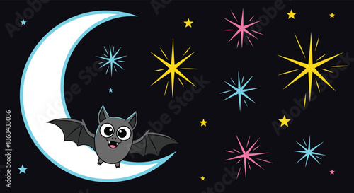 Cute cartoon bat flying in front of a crescent moon in a dark night sky filled with colorful, stylized stars, perfect for a whimsical Halloween design.