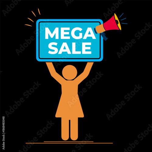 MEGA SALE – Character Holding Board, Mega Sale Promotion with Human Figure Holding Sign Vector