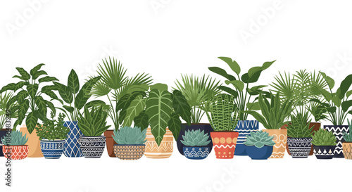 Horizontal seamless border of various indoor plants in colorful, patterned pots, creating a cozy urban jungle or home gardening-themed illustration.