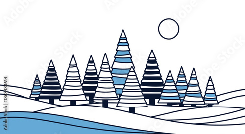 Minimalist winter landscape with snowy hills and a forest of stylized blue and white pine trees under a simple circle sun or moon.