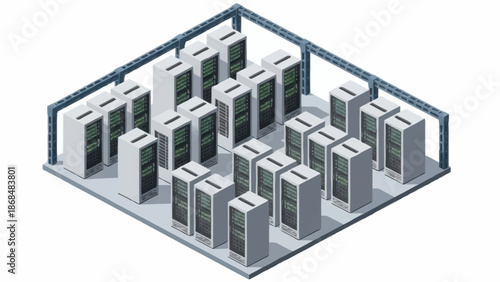 Data center with multiple server racks and cabinets.