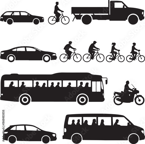 Silhouettes of various vehicles and people riding bicycles or motorcycle