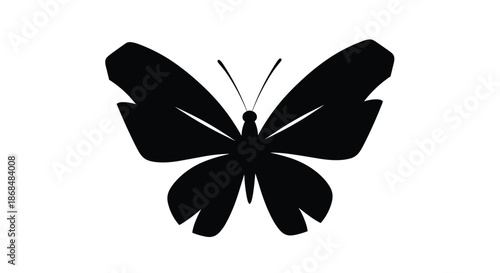 Simple black silhouette of a butterfly with open wings, creating a minimalist and elegant icon or symbol for nature, beauty, and transformation.