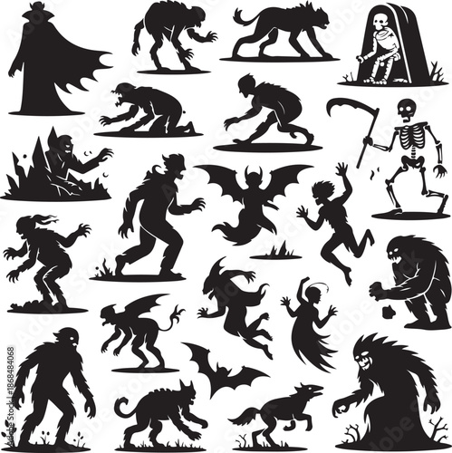 black silhouettes of various halloween characters and creatures on white background