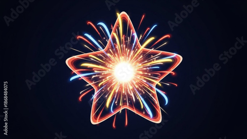 Vibrant star shaped light trails explode in a mesmerizing display of colorful sparks and glowing effects against a dark background with dynamic