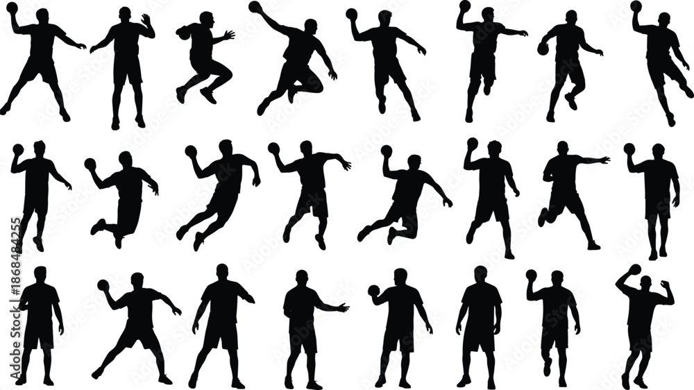 Fototapeta premium Handball player silhouette set, professional athletes jumping throwing ball and running in action poses, team sports vector icons isolated on white background for design.
