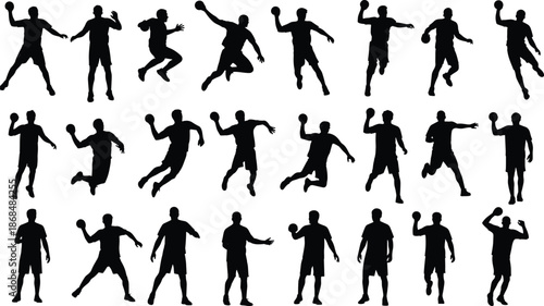 Handball player silhouette set, professional athletes jumping throwing ball and running in action poses, team sports vector icons isolated on white background for design.