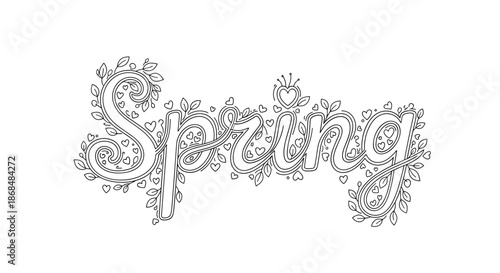 Intricate black and white coloring page featuring the word 'Spring' in elegant cursive, decorated with detailed leaves, vines, and small hearts.