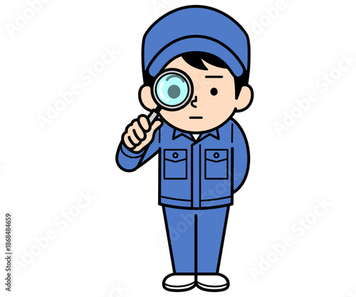 虫眼鏡で観察するシンプルな作業員の男性