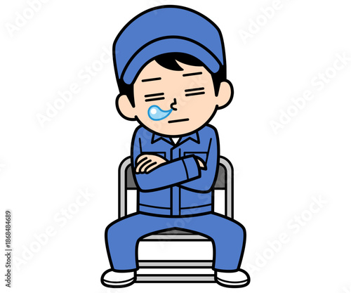 パイプ椅子に座って居眠りするシンプルな作業員の男性