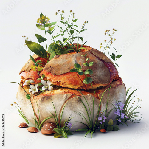 Surreal, ultra-realistic loaf of bread on a snow-white background, small plants, flowers and tiny mushrooms sprouting from cracks in the bread, vibrant colors, natural textures, soft lighting, 