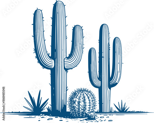 Blue engraved style saguaro cactus cluster with barrel plant design