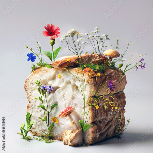 Surreal, ultra-realistic loaf of bread on a snow-white background, small plants, flowers and tiny mushrooms sprouting from cracks in the bread, vibrant colors, natural textures, soft lighting, 