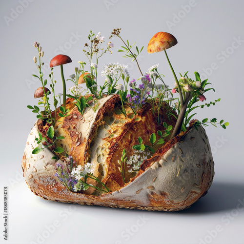 Surreal, ultra-realistic loaf of bread on a snow-white background, small plants, flowers and tiny mushrooms sprouting from cracks in the bread, vibrant colors, natural textures, soft lighting, 