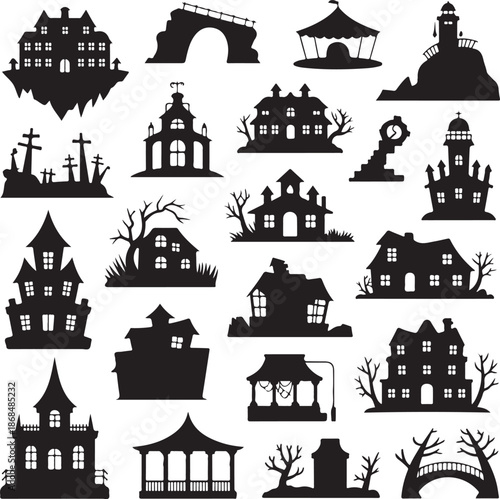 black silhouettes of various haunted houses and buildings on white background