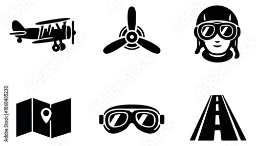 Simple monochrome travel set featuring a biplane, propeller, pilot, map, goggles, and road for adventure and journey designs