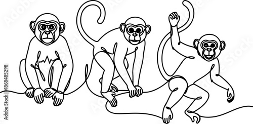 Continuous Line Art Three Monkey Poses Wildlife Illustration