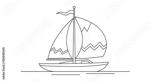 Simple black and white line art illustration of a sailboat with a flag on the mast, floating on the water for a coloring page.