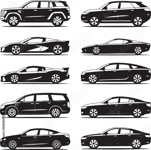 silhouette of various cars and a suv on white background