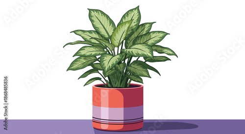 Detailed pixel art illustration of a lush Dieffenbachia houseplant with variegated leaves in a colorful striped ceramic pot.