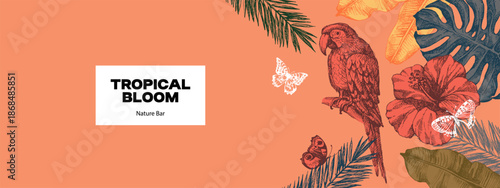 Vintage tropical background with exotic vibe. Parrot, tropical leaves, hibiscus, butterflies. Coffee, restaurant, food packaging, event decor concept. Hand drawn sketch vector illustration.
