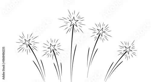 A simple black and white line art drawing of celebratory fireworks with five star-shaped bursts shooting into the sky.