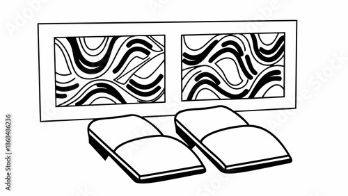 A serene bedroom scene with abstract artwork and minimalist furniture viewed from a calm perspective.