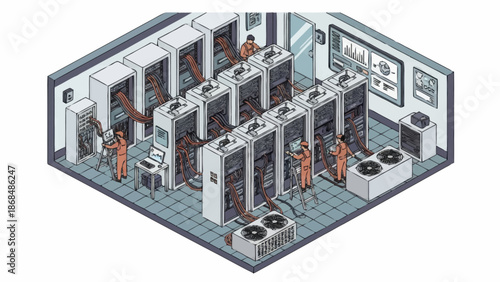 Isometric illustration of a data center with servers and technicians.