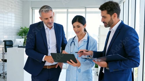 Three professionals collaborating in a modern office, reviewing data on a digital tablet and discussing medical solutions