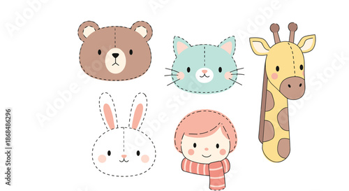 A cute collection of hand-drawn animal and character faces with dashed outlines, perfect for crafts and children's designs.